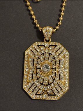 Paula Abdul Gold Tone Crystal Art Deco Pendant Necklace Faceted Bead Chain